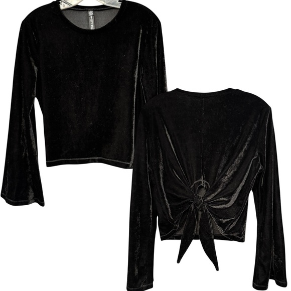 Design Lab Black Velvet Bell Sleeve Tie Back Top Medium - Picture 1 of 7